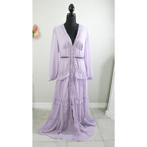 New Size Medium Lavender Boho Crochet-Trim Maxi Duster 70s Purple Lilac Lace